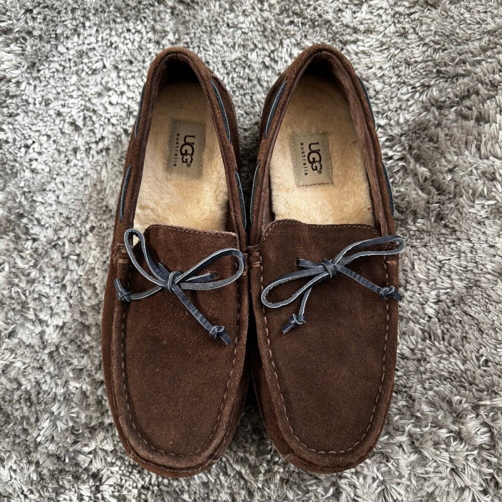 UGG AUSTRALIA | Brown Suede Shearling Leather Bow Tie Moccasin Slippers Size 8